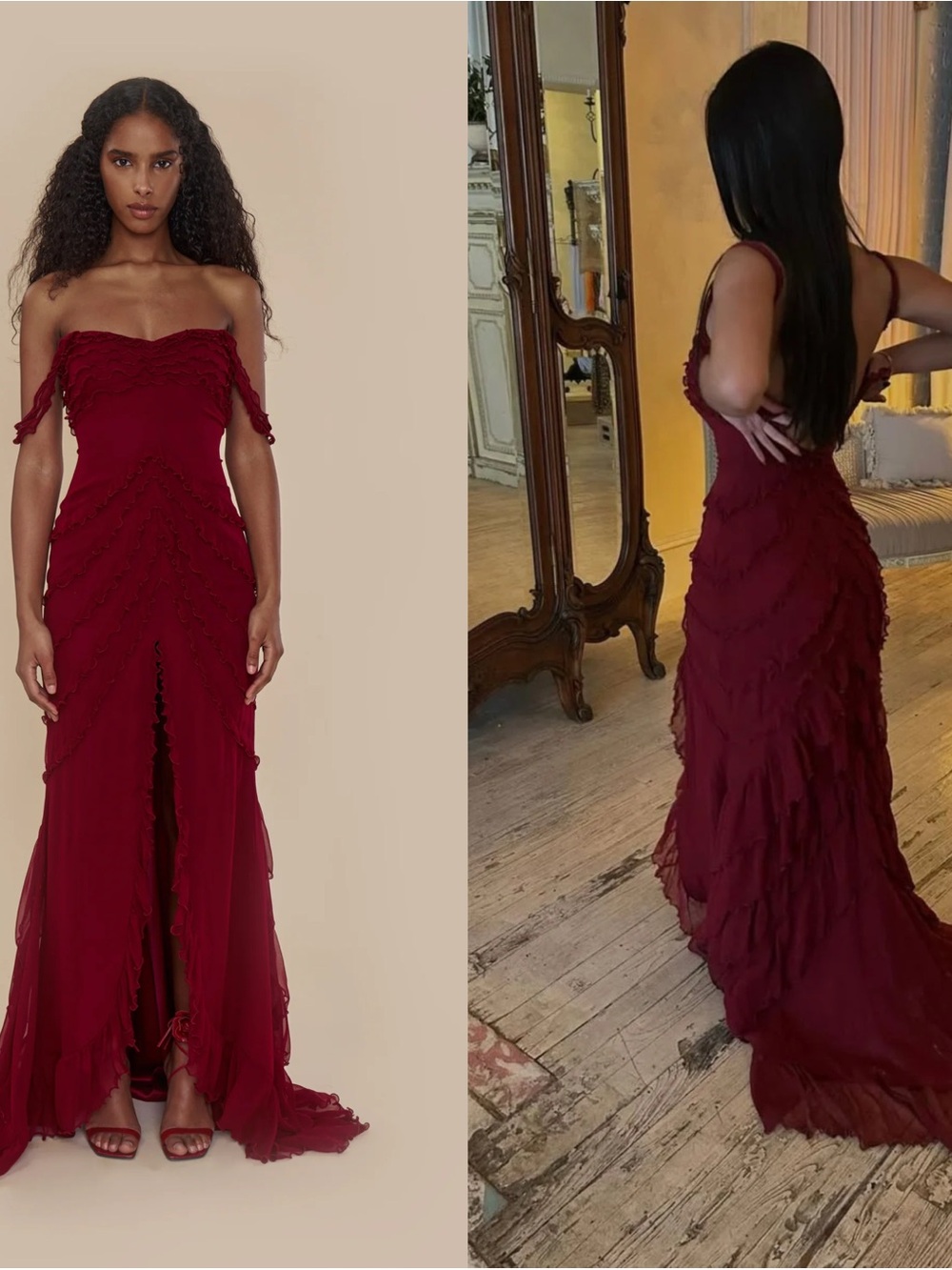 Mirror Palasis Cascading Ruffle Gown LINED in Sangre NWT Medium